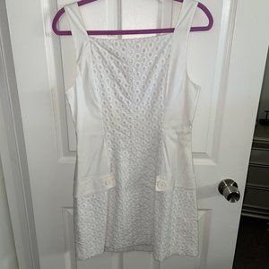 BEBE White Geometric Eyelet Shift Dress